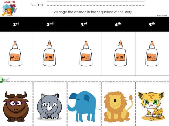 Cut and glue to sequence The Big Five animals in story order with your preschool, kindergarten and first grade learners.