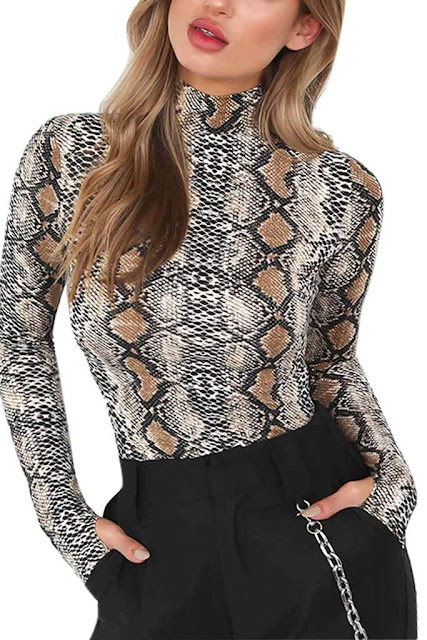 Iyasson Womens Long Sleeve Snake Pattern Bodysuit