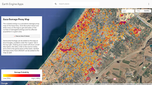 a satellite view of Gaza with lots of damaged buildings colored red