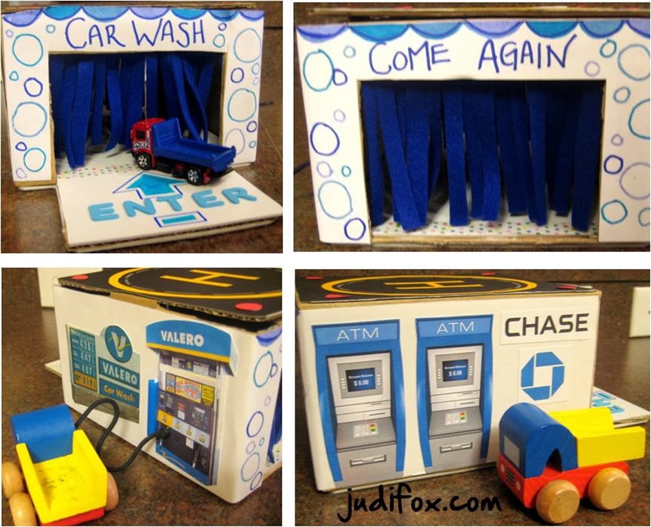 Cardboard Toy Car Wash, Helicopter Pad, ATM, and Gas Station Pump Valero, Chase Bank 20