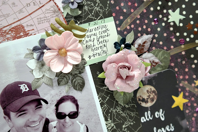 Solar Eclipse Scrapbook Layout with Black Galaxy Background Stars and Flowers