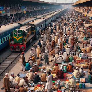 A panoramic view of Rohri Junction railway station, a historic and cultural landmark of Pakistan, with trains, platforms, buildings, and hills in the background.