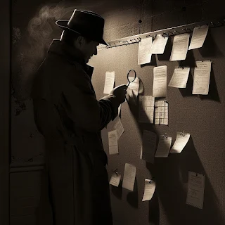 A focused detective in classic attire closely examines evidence pinned to a wall with a magnifying glass.