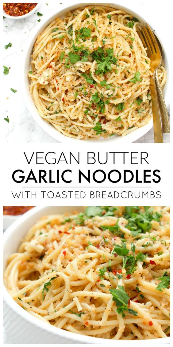 These Vegan Butter Garlic Noodles with Toasted Breadcrumbs are a simple pasta dish with all kinds of flavor. The breadcrumbs add a crunch that is next level delicious!