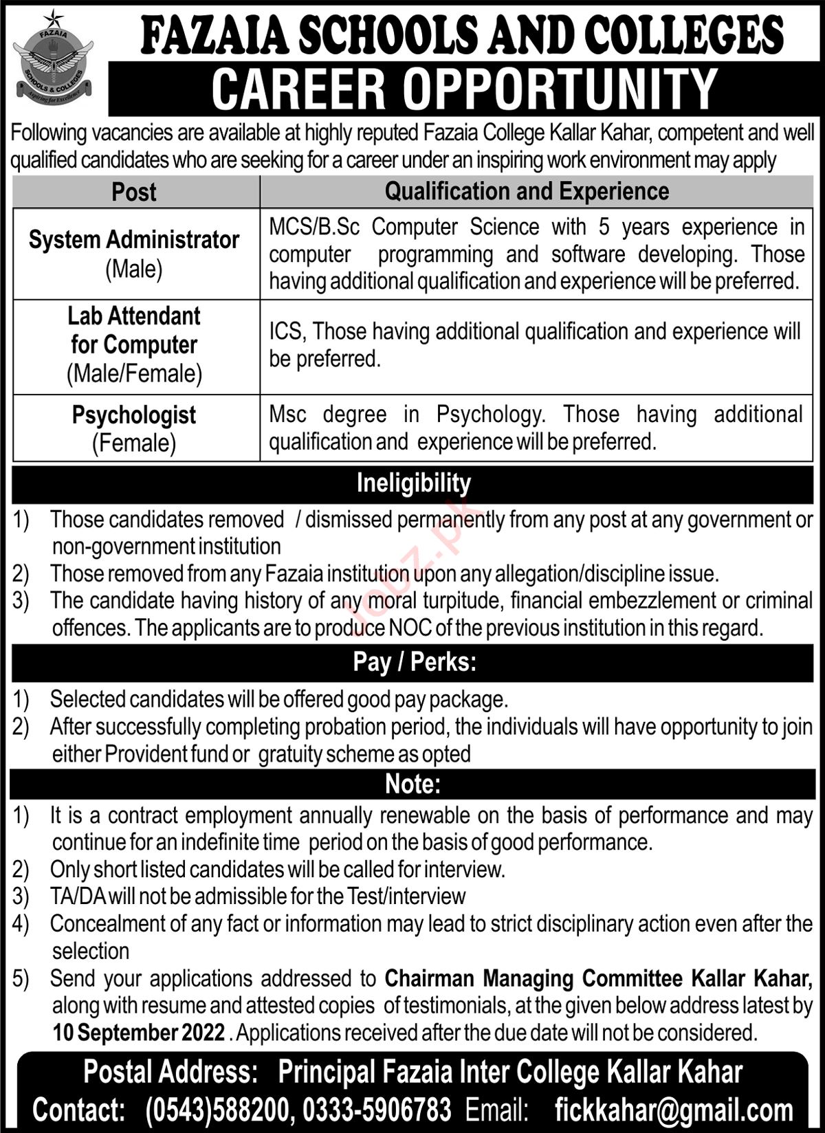 Latest Fazaia Schools and Colleges Education Posts Chakwal 2022