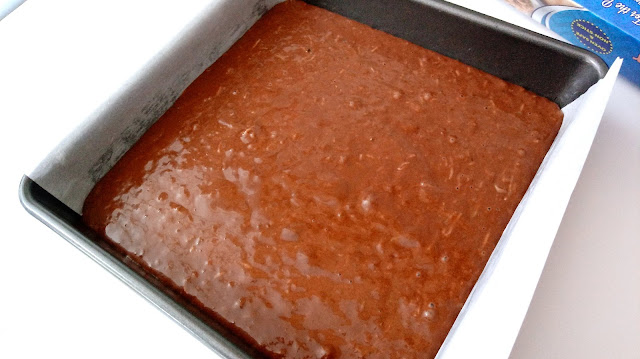 Chocolate Squash Banana Snack Cake batter poured into prepped pan