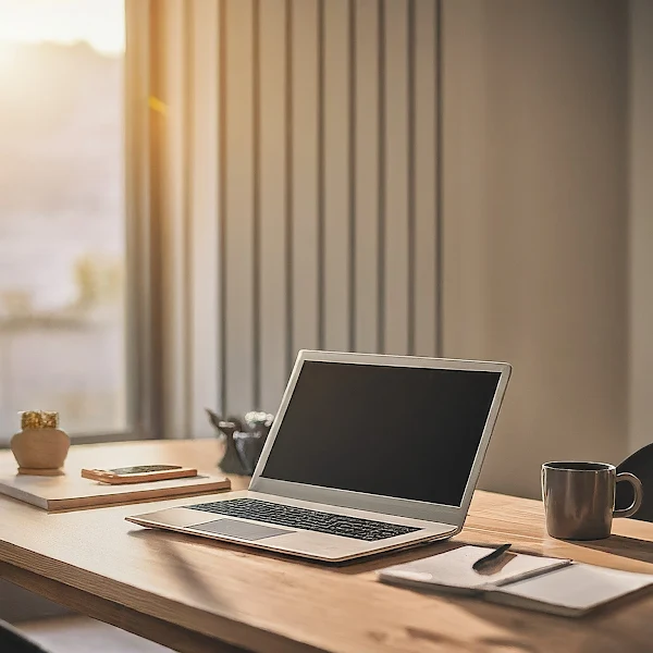 a clean and organized workspace with a laptop,