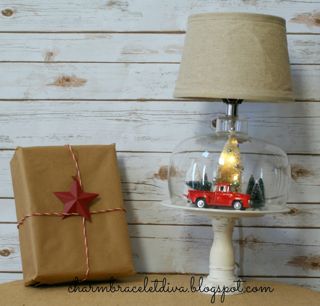 Thrifted Christmas cloche lamp decor