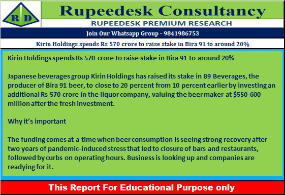 Kirin Holdings spends Rs 570 crore to raise stake in Bira 91 to around 20% - Rupeedesk Reports - 22.11.2022