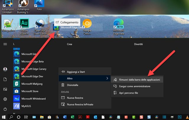 aggiunta delle app di edge a start e taskbar