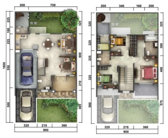 5 Denah rumah minimalis ukuran 9x16 meter 4 kamar tidur 2 lantai + TAMPAK DEPAN