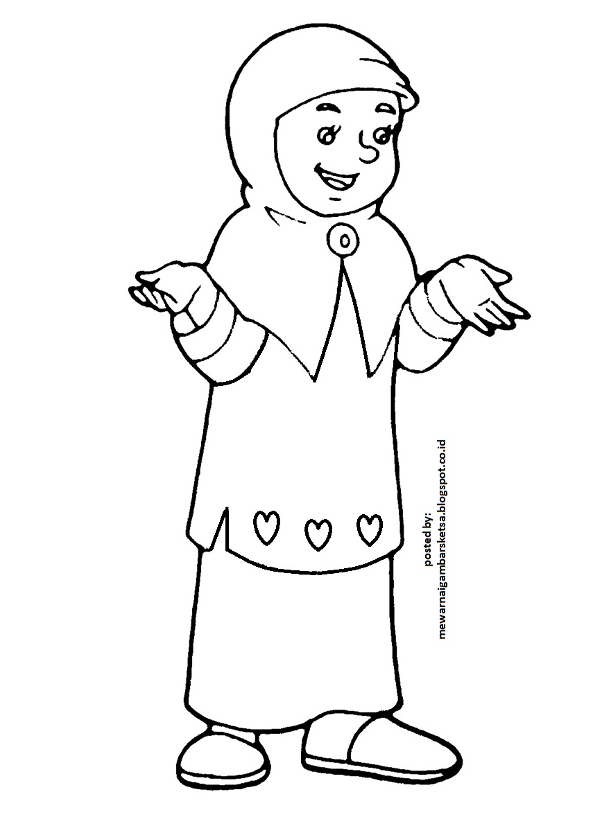 Gambar Mewarnai Gambar Sketsa Kartun Anak Muslimah 5 Ibu Di