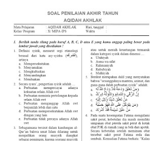 Berikut ini akan saya bagikan file yang berisi tentang  Soal PAT Aqidah Akhlak Kelas 10 dan Jawabannya