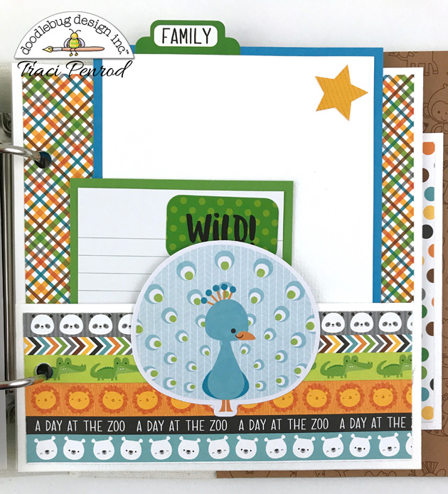 Zoo Scrapbook Album page with a peacock, panda bears, alligators, lions, and a fun pocket with journaling cards