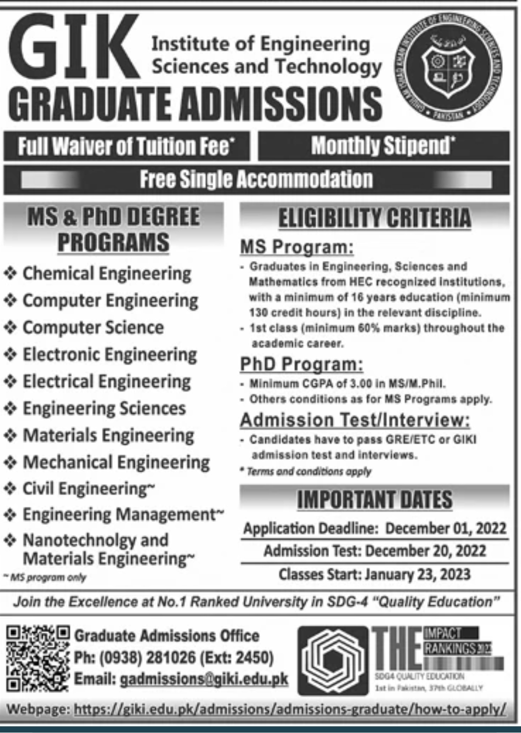 Giki,admissions,admission-in-kpk,graduate admissions,PhD,MS,MPHIL,October,2022, engineering admissions, phd in engineering, ms in engineering in kpk,