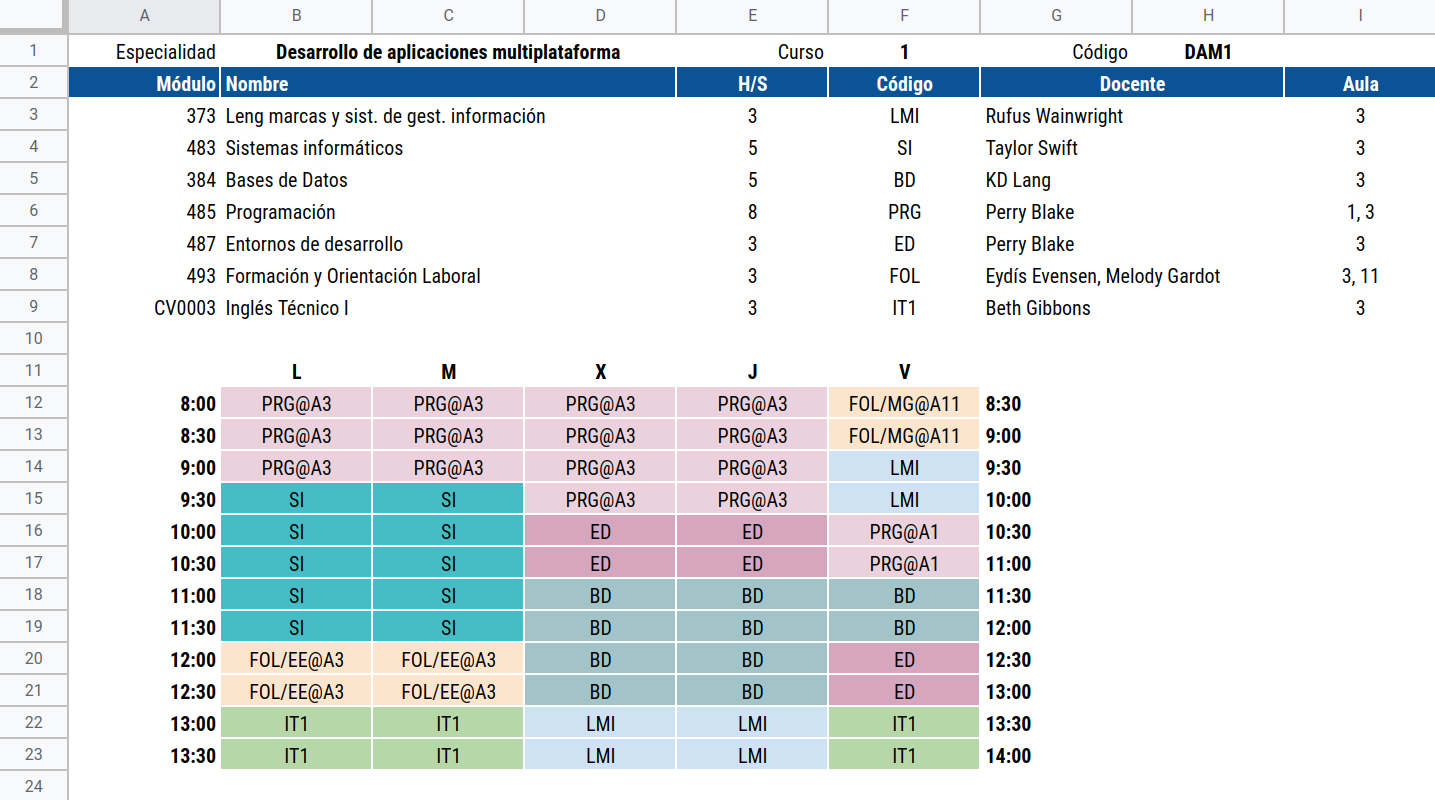 Hoja de cálculo con horario de grupo.