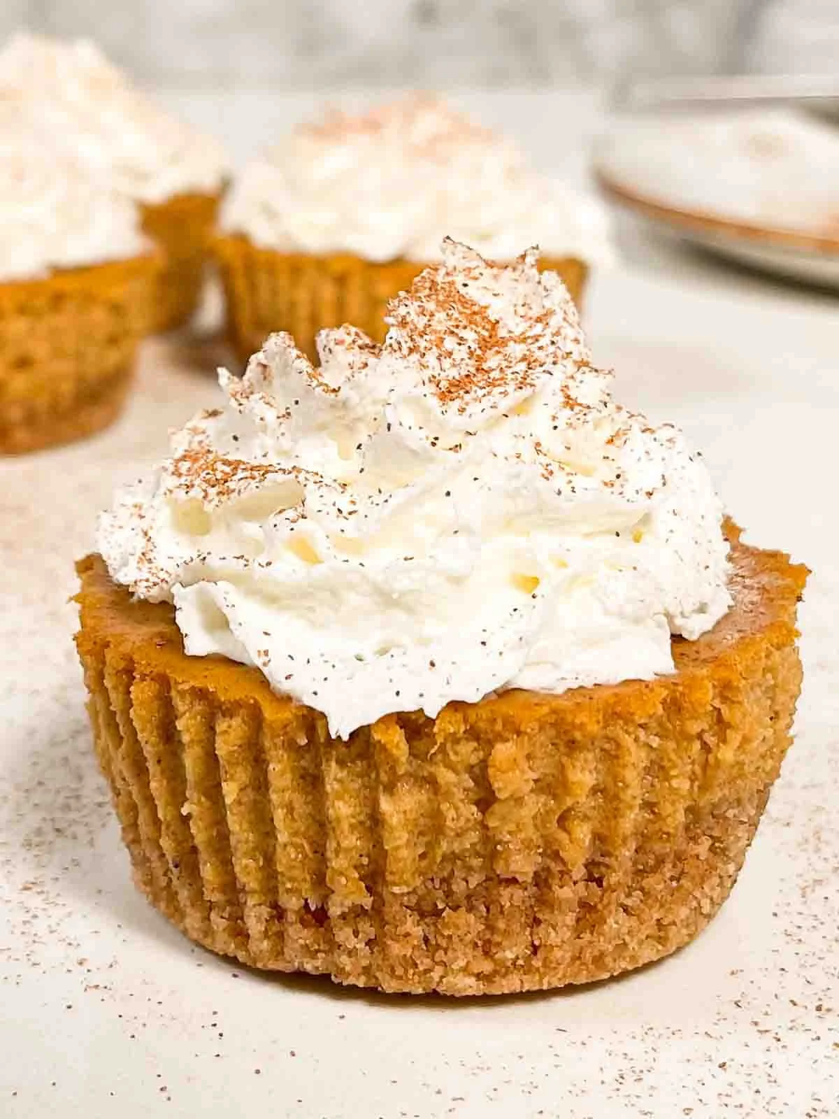 A side photo of a Mini Pumpkin Cheesecake topped with whipped cream and lightly dusted with cinnamon!