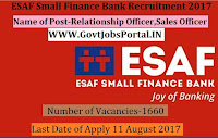ESAF Small Finance Bank Recruitment 2017– 1660 Sales Officer, Relationship Officer