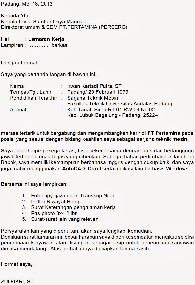 Contoh Surat Lamaran Kerja BUMN (PT Pertamina) - Kumpulan 