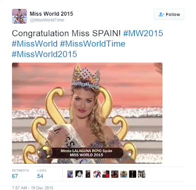 Miss World 2015, No Black Beauty In The Top Five & Miss Spain Wins!!!
