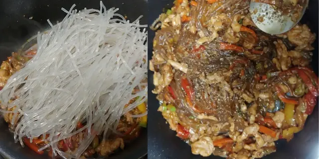 볶은-재료들-위에-당면을-올리고-섞은-사진