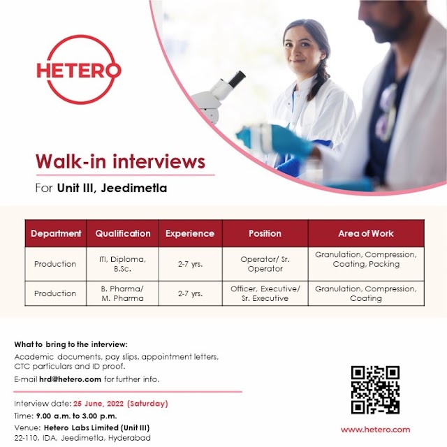 Hetero Labs | Walk-in interview at Hyderabad for Production on 25th June 2022