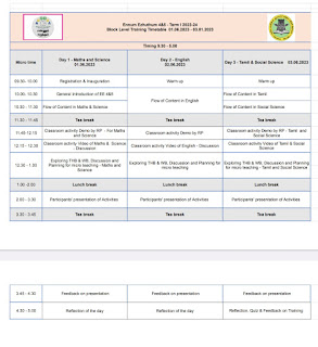 Ennum Ezhuthum - Block level training schedule - 4 மற்றும் 5ஆம் வகுப்பு மாணவர்களுக்கு எண்ணும் எழுத்தும் வட்டார அளவில் நடைபெறும் பயிற்சியின் கால அட்டவணை