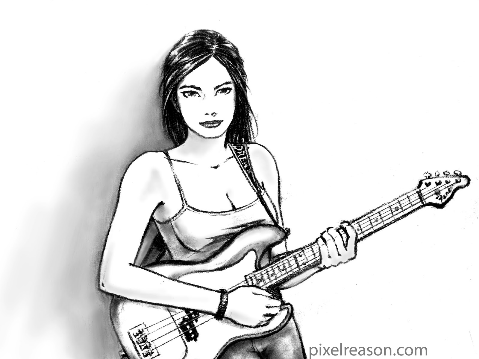 Pixelreasoncom Girl Playing Bass Guitar Pencil Sketch