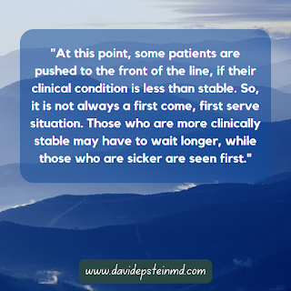 At this point, some patients are pushed to the front of the line, if their clinical condition is less than stable. So, it is not always a first come, first serve situation. Those who are more clinically stable may have to wait longer, while those who are sicker are seen first. #triage #sicker #waiting