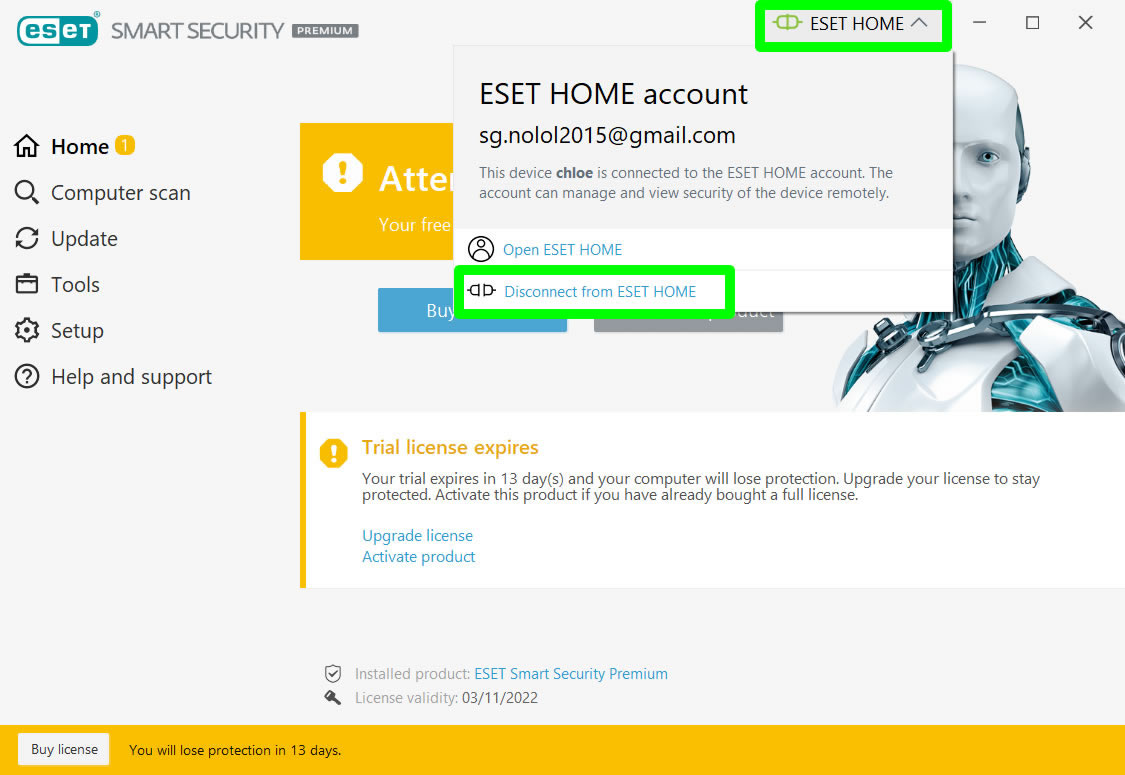 disconnect expiring account to eset home
