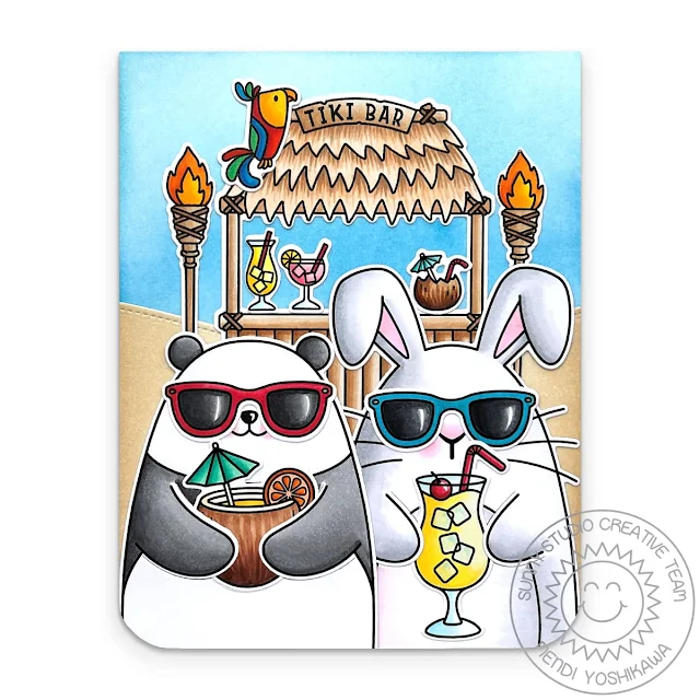 Sunny Studio Panda & Bunny Wearing Sunglasses with Cocktails Summer Card (using Big Bunny, Big Panda & Tiki Time Stamps)