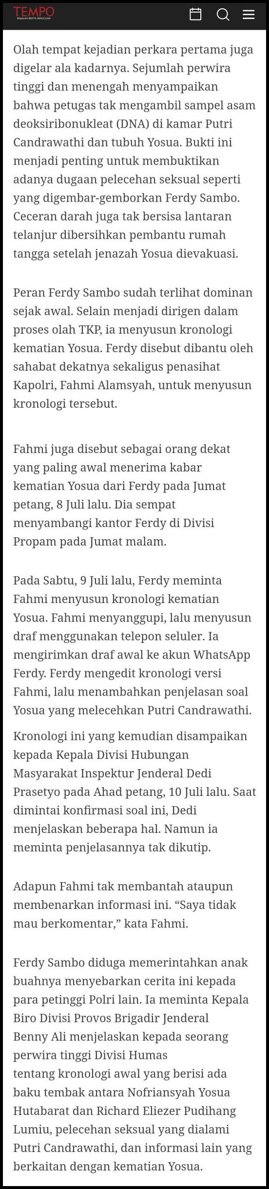 Penasihat Ahli Kapolri Bidang Komunikasi Publik Penasihat Kapolri Fahmi Alamsyah Mengundurkan Diri Usai Terseret Kasus Sambo, Dia Juga Menyampaikan Klarifikasi Berita TEMPO