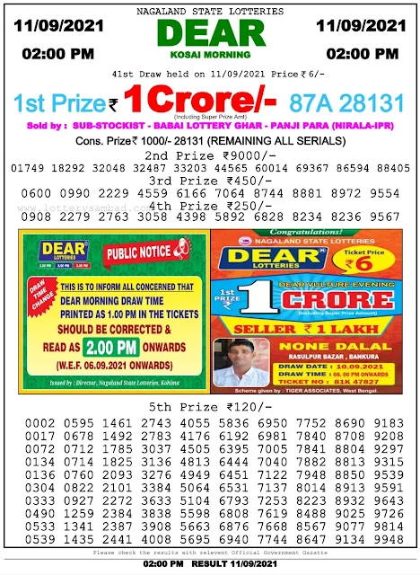 Nagaland State Lottery Result 11.9.2021 Today - 2pm