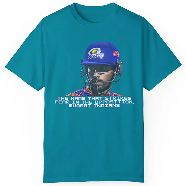 Garment Dyed Cricket T-Shirt for Men and Women With Mumbai Indians Hardik Pandya Wearing Helmet and Slogan The Name That Strikes Fear in the Opposition