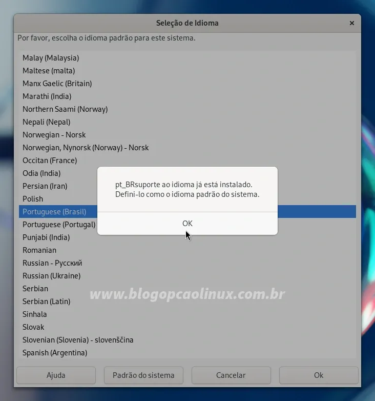 Clique em "OK" para concluir a instalação dos pacotes de idioma