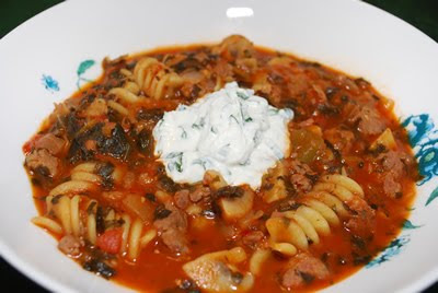 Lasagna Soup with Basil Ricotta Crème