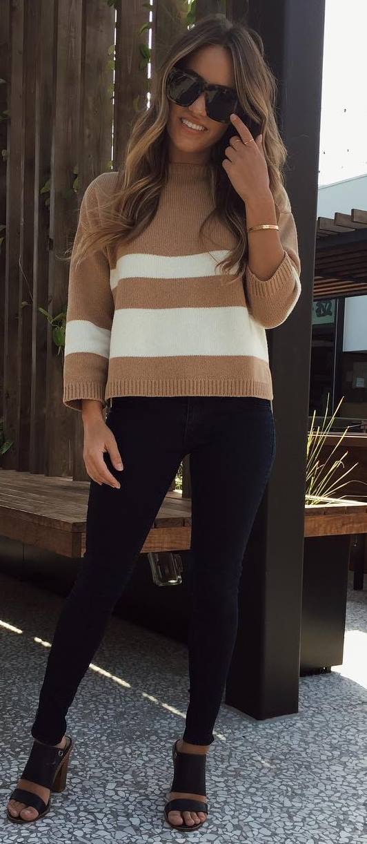 casual style inspiration / stripped top + black skinnies + open toes heels