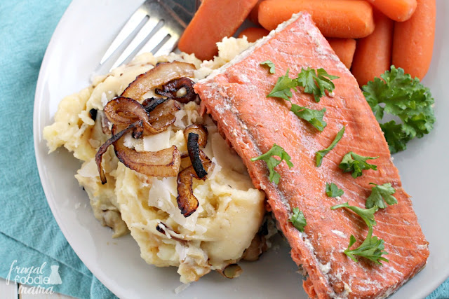 This flavorful & easy to make Sweet Bourbon Salmon with Caramelized Onion & Parmesan Mashed Potatoes makes the perfect dinner for two any night of the week.