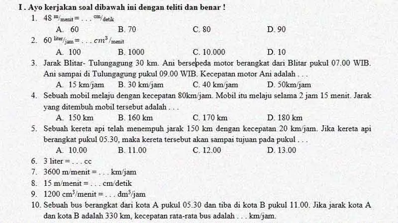 Soal Penilaian Harian Matematika Kelas 5 KD 3.3 Kecepatan dan Debit