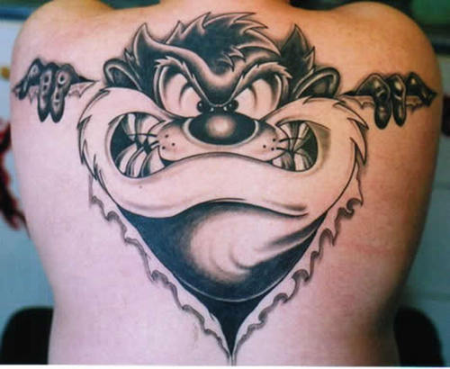 Large Taz tattoo on back.