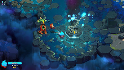 A plant-man and a blue flame-man on a floating platform in space.