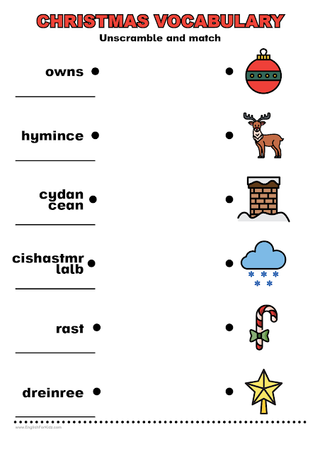 Christmas vocabulary worksheet - unscramble words and match to pictures