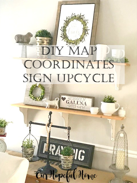 farmhouse shelves map coordinates sign boxwood wreath