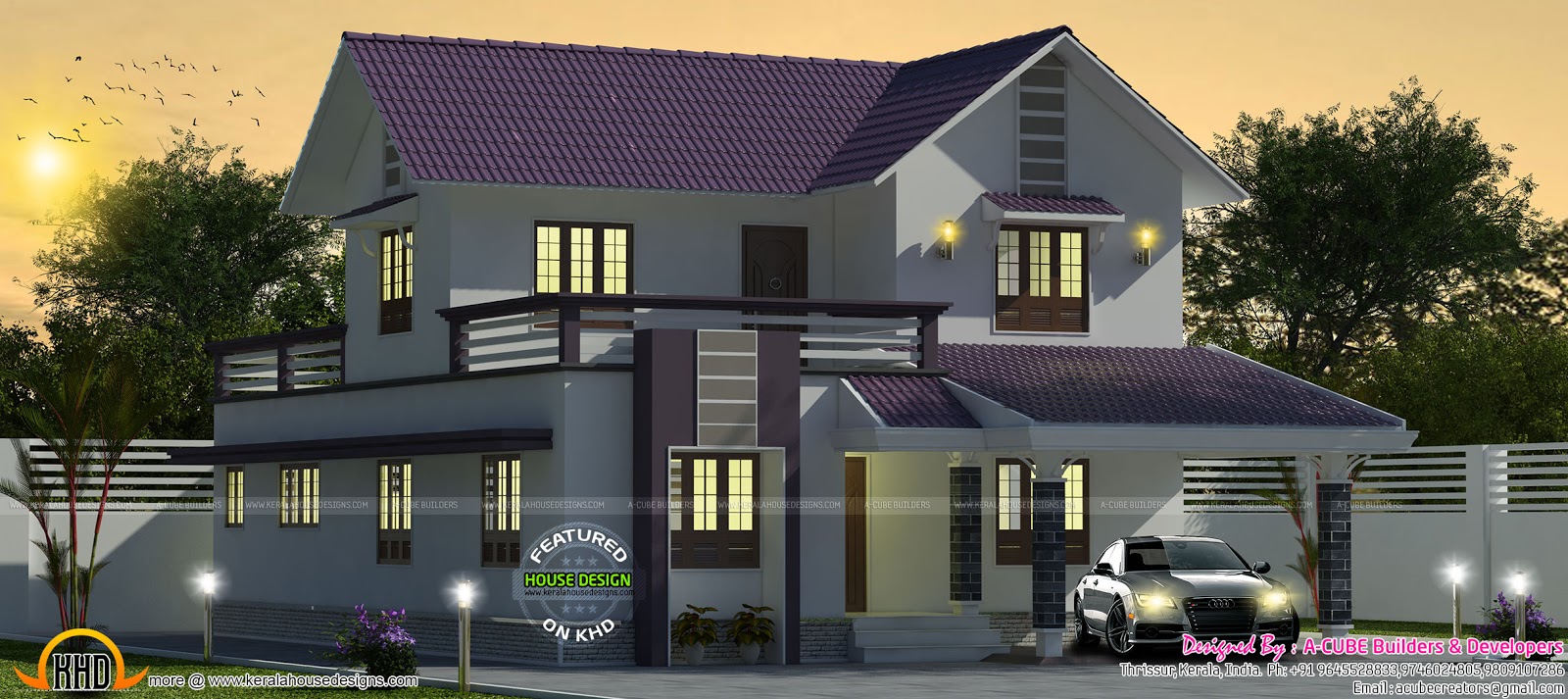 Purple colored 2019  sq ft sloping roof house  Kerala  home  