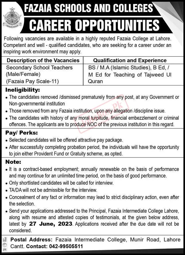 Fazaia Inter College Jobs 2023 - Latest Advertisement