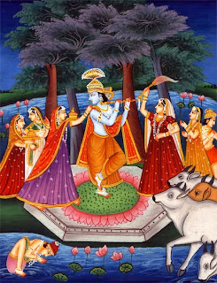 Krishna playing the flute to the delight of animals and cowgirls. Rajput painting, seventeenth century. Museum of fine Arts, Boston, Massachusetts, Ross-Coomaraswamy Collection.