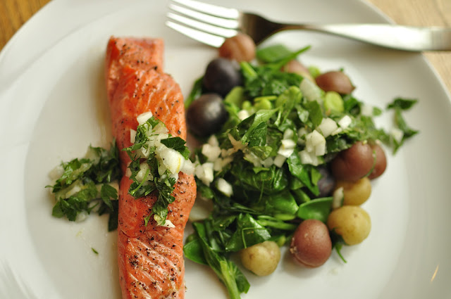 Salmon with Potatoes, Pea Vines, and Sweet Onion Relish at Paprika Red