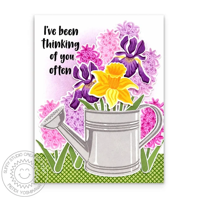 Sunny Studio Floral Thinking of You Often Card using Watering Can, Spring Bouquet, & Background Basics 2 Clear Craft Stamps