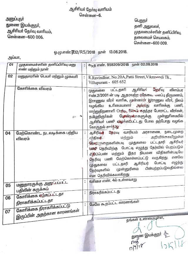 TRB - முதுகலை பட்டதாரி ஆசிரியர் போட்டி எழுத்து தேர்வுகளில் முன்னுரிமை பின்பற்றப்படுகிறதா? CM CELL Reply! 