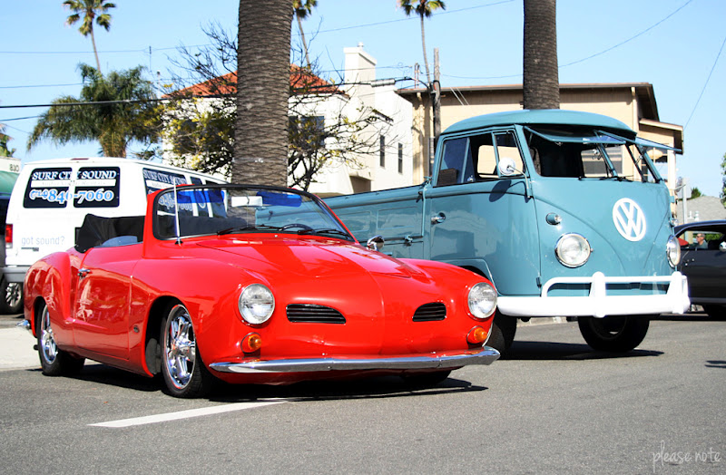 The red one is a 1962 Karmann Ghia and the blue one is a 1961 Transporter